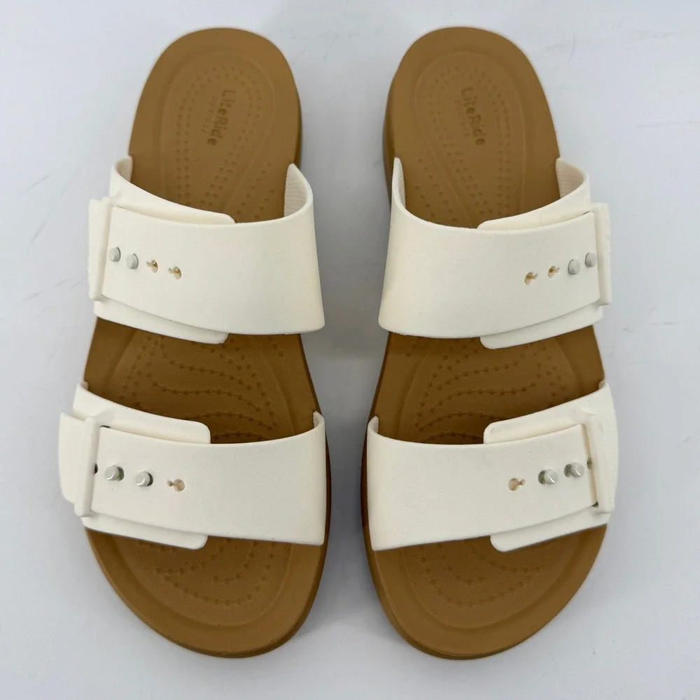 Crocs Brooklyn Buckle Low Wedge Sandal White Tan Women 6 Slip On Flip Flop New